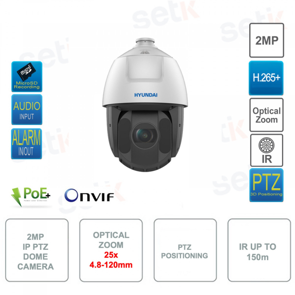 Cámara Domo PTZ IP PoE ONVIF® - Resolución 2MP - Zoom 25x - Óptica 4.8-120mm - IR 150M - Alarma - Audio