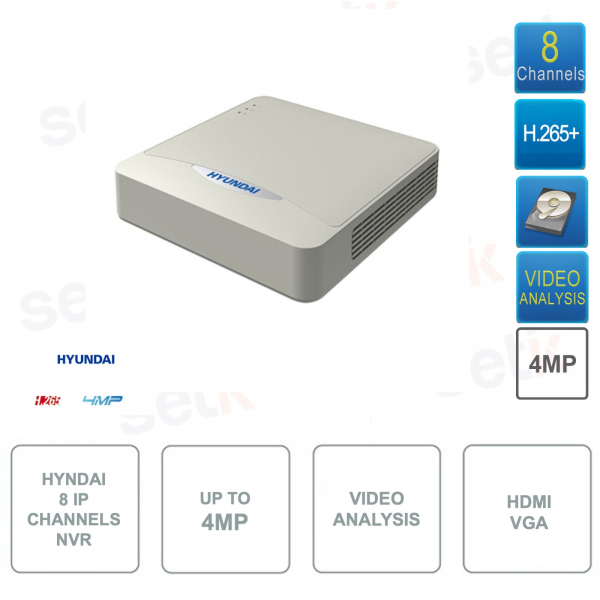 Hyundai NVR - 8 canales IP - 4Mp - HDMI - VGA - 2USB 2.0 - Video Análisis