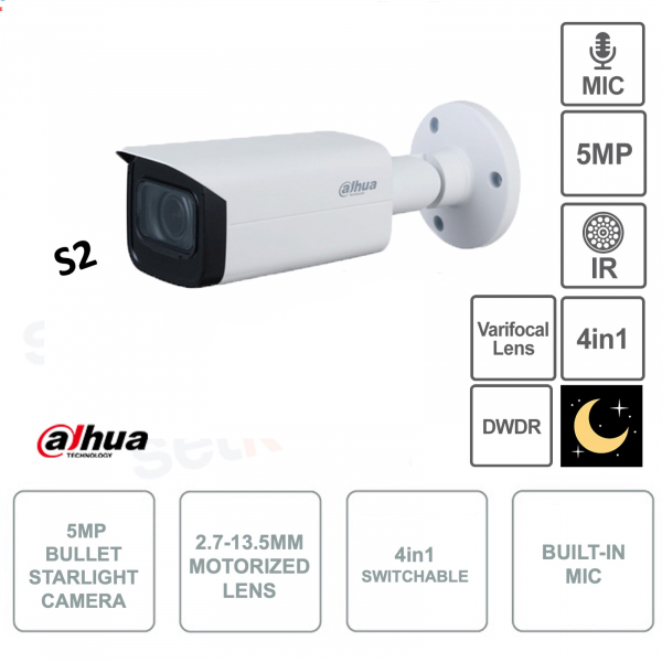 HAC-HFW2501TU-Z-A-S2 - Dahua - Telecamera Bullet Starlight - 4in1 - Ottica motorizzata 2.7-13.5mm - Smart IR 80m - Microfono