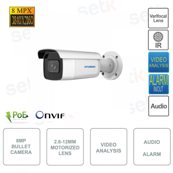 Cámara Bullet IP PoE ONVIF® - 8MP - Lente motorizada 2.8-12mm - Video Análisis - Audio - Alarma