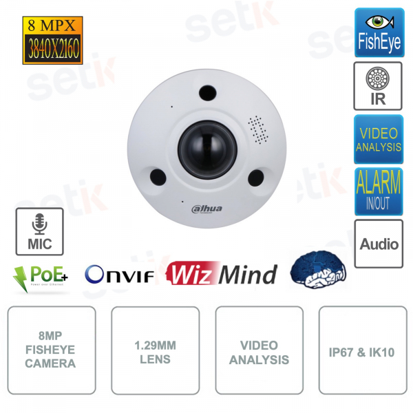 Caméra IP ONVIF® Fisheye PoE - 8MP - Objectif fixe 1.29mm - Analyse vidéo - Alarme - Audio