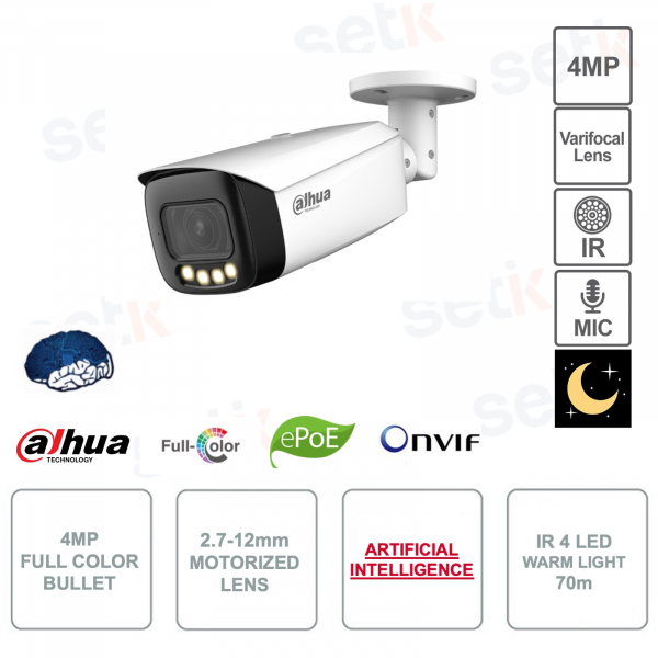 Vollfarbige 4MP Outdoor IP PoE Kamera ONVIF® – AI – 2,7–12 mm – IR 70 m – Alarm – Audio
