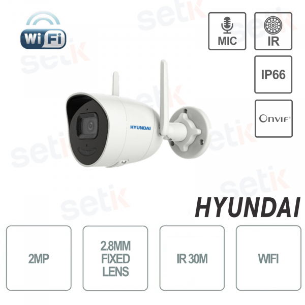 Hyundai Bullet WiFi IP Cámara exterior 2MP Onvif Lente fija 2.8MM IR30 IP66 Audio Alarma Micrófono