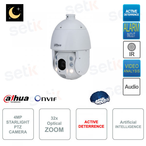Caméra IP ONVIF® PTZ Starlight - 4MP - Zoom 32x - 4,8 mm – 154 mm - Dissuasion active - IR 150m