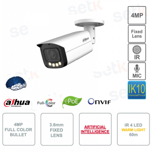 Caméra Bullet IP PoE Full Color ONVIF® - 4MP - Objectif 3.6mm - Intelligence Artificielle - Microphone