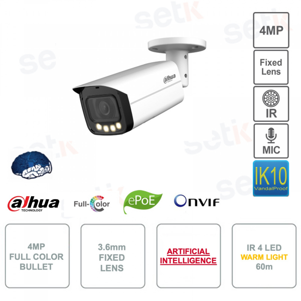 Telecamera Bullet IP PoE ONVIF® Full Color - 4MP - Ottica 3,6mm - Intelligenza artificiale - Microfono