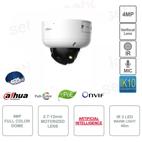 Caméra Dôme Full Color - IP PoE ONVIF® - 4MP - 2.7-12mm - IR 40m - Série AI - Audio - Microphone - Alarme