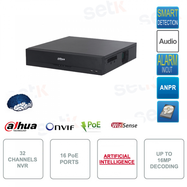 NVR 32 canales IP ONVIF® - 16MP - Video Análisis e IA - ANPR - SMD Plus - 4 puertos HDD - 16 puertos PoE