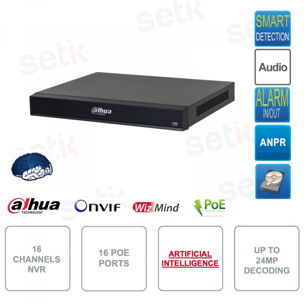 NVR 16 canales IP ONVIF® - Hasta 24MP - 16 puertos PoE - Inteligencia Artificial - Video Análisis