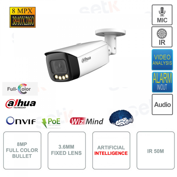 Cámara Bullet IP ePoE ONVIF® Full Color Bullet 8MP - Lente 3.6mm - IR 50m - Video Análisis