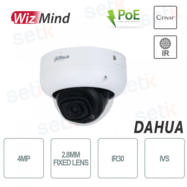 Dahua Caméra Dôme WizMind PoE Onvif Couleur 4MP Optique 2.8mm IR30 IP67 IK10 Alarme Audio