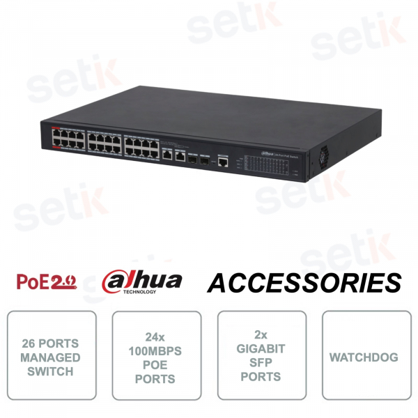 Conmutador de red industrial gestionable - 24 puertos PoE 100mbps y 2 puertos ópticos Gigabit - Watchdog