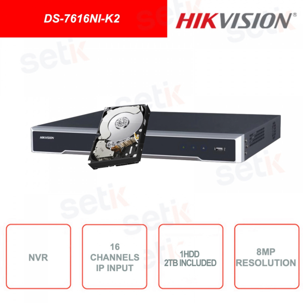 DS-7616NI-K2 - HIKVISION - NVR - Tecnología ANR - 16 canales IP - HDMI - VGA - 8MP