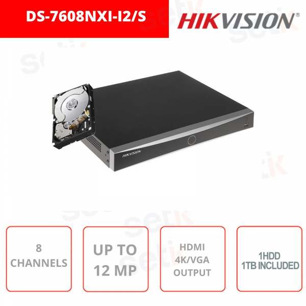NVR HIKVISION 8 Channels AcuSense 4K HDMI - VGA 12 MP - DS-7608NXI-I2 / S