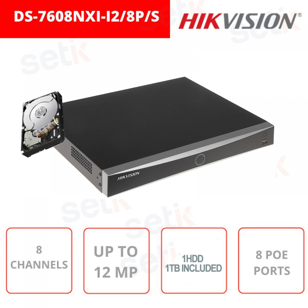 NVR HIKVISION 8 Canali - 8 porte PoE HDMI 4K VGA 12 MP - DS-7608NXI-I2/8P/S