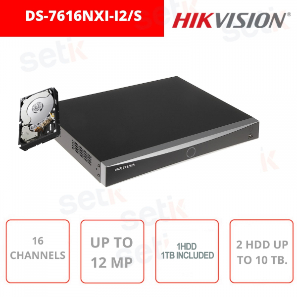 NVR 16 canali 12 MP 4K ULTRA HD H.265+ HDMI VGA - Hikvision - DS-7616NXI-I2/S