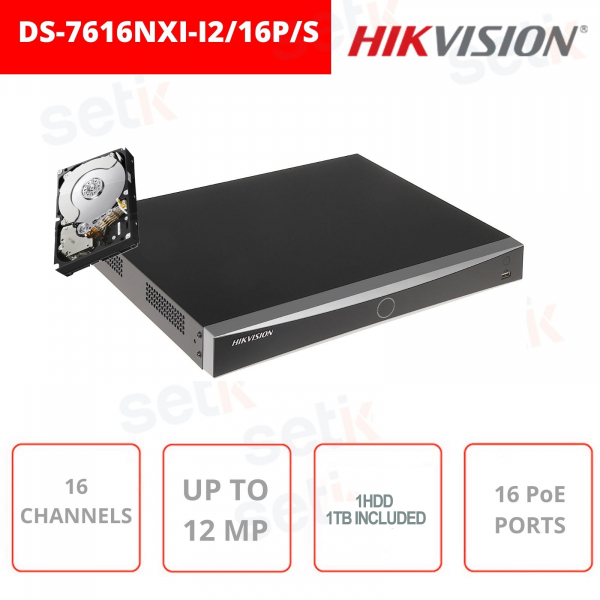 NVR 16 canali IP 16 Porte PoE 12 MP 4K HDMI ULTRA HD VGA - DS-7616NXI-I2/16P/S - Hikvision