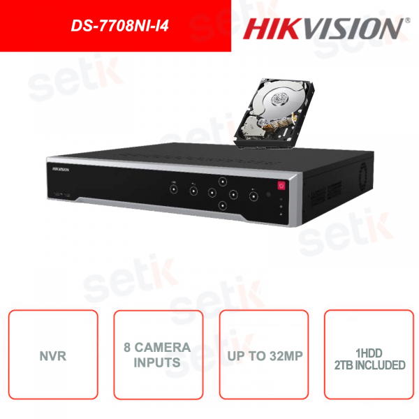DS-7708NI-I4 - HIKVISION - NVR Network Video Recorder - H.265+ - 8 Canali IP input - 2 canali fino a 12MP