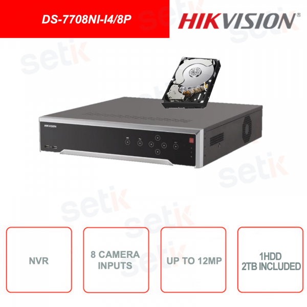 DS-7708NI-I4 / 8P - HIKVISION - NVR Network Video Recorder - H.265 + - 8 IP input channels - 2 channels up to 12MP