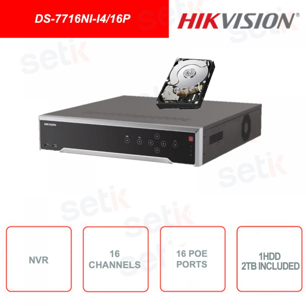 DS-7716NI-I4/16P - NETWORK VIDEO RECORDER PoE - HIKVISION - 16 canali IP - 16 PoE - 12MP - H.265+ - 4K