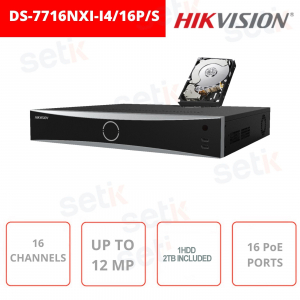 NVR 16 canali IP 16 Porte PoE 12 MP 4K HDMI VGA H.265+ - DS-7716NXI-I4/16P/S - Hikvision