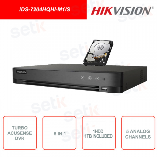 iDS-7204HQHI-M1/S - Hikvision - Turbo Acusense DVR ONVIF - 5in1 - 1 canale input IP fino a 6MP - 4 canali input analogici