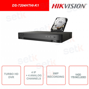 DS-7204HTHI-K1 - HIKVISION - TURBO HD DVR - 4 canales IP - 4 canales analógicos - Hasta 8MP - H.265 Pro+ - Audio bidireccional