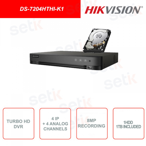 DS-7204HTHI-K1 - HIKVISION - TURBO HD DVR - 4 IP channels - 4 analog channels - Up to 8MP - H.265 Pro + - Two-way Audio