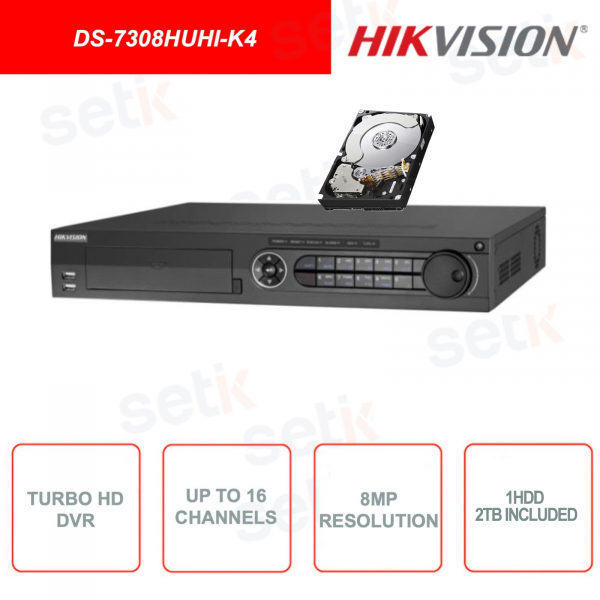 DS-7308HUHI-K4 - HIKVISION - TURBO HD DVR - 5in1 - 8 channels IP IN - 8 analog channels - 8MP - H.265 Pro +