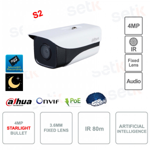Cámara Bullet 4MP IP PoE ONVIF® - Lente 3.6mm - IR80m - Inteligencia Artificial - Versión S2