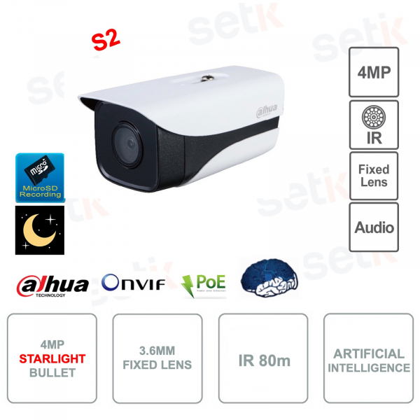 4MP IP PoE ONVIF® Bullet Camera - 3.6mm Lens - IR80m - Artificial Intelligence - S2 Version
