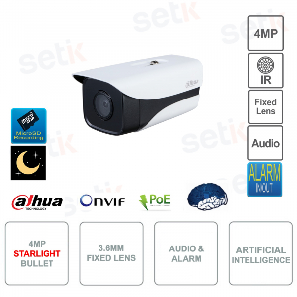 Telecamera Bullet IP PoE ONVIF® Starlight 2MP - Ottica 3.6mm - Intelligenza artificiale - IR80m