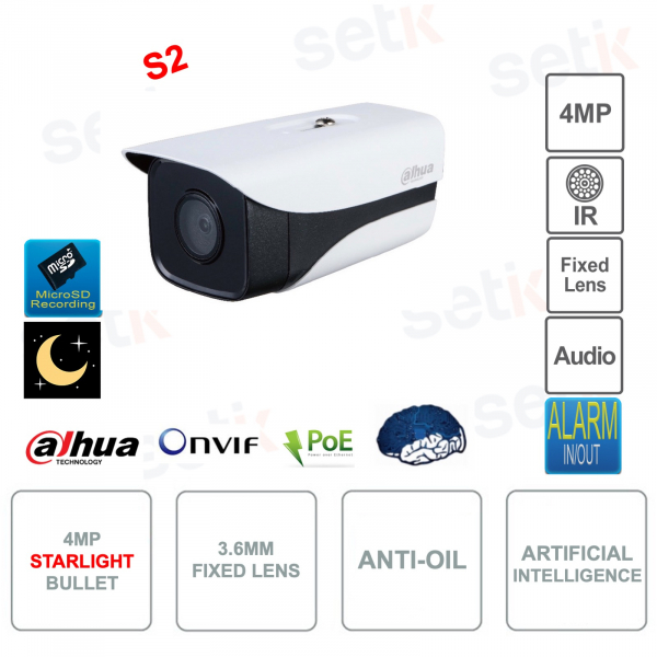 Cámara Bullet IP PoE ONVIF® de 4MP - Lente 3.6mm - Antisuciedad - IR50m - Inteligencia Artificial - Versión S2