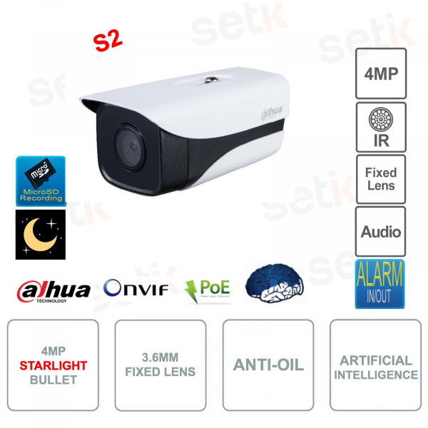 Cámara Bullet 4MP IP PoE ONVIF® - Lente 3.6mm - Antisuciedad - IR50m - Inteligencia Artificial - Versión S2
