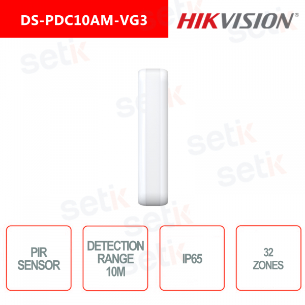 Detector Hikvision AM PIR hasta 10m IP65 y 32 zonas con lente cortina antienmascaramiento IR10