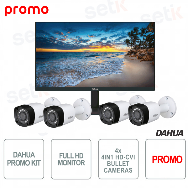 Promo | Moniteur KIT Dahua Full HD 21,5 pouces VGA HDMI avec 4 caméras extérieures HAC-HFW1000RM-S3