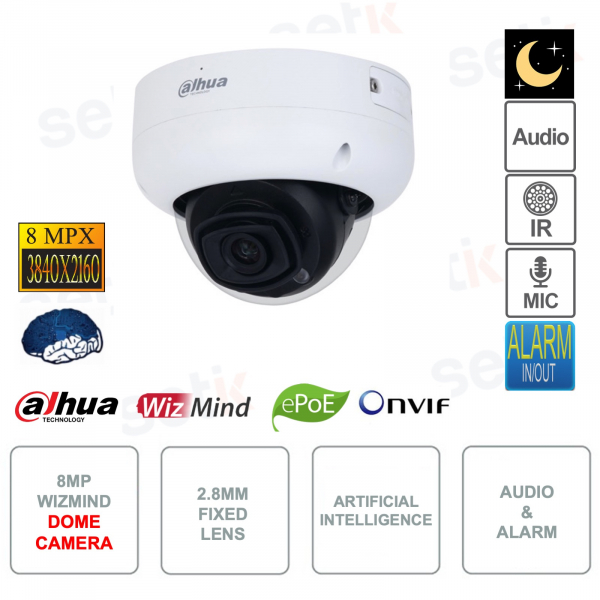 Wizmind ONVIF® ePoE dome camera - 8MP - 2.8mm lens - IR50m - Artificial intelligence - S2 version