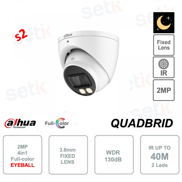 Telecamera 2MP HDCVI Eyeball - Ottica 3.6mm - 4in1 - IR40m - Versione S2
