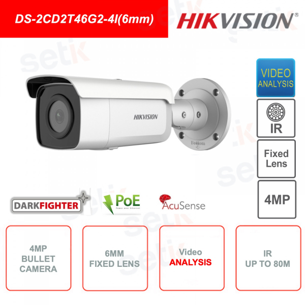 PoE IP Bullet Camera - DarkFighter - Acusense - 4MP - 6mm fixed lens - IR 80m - Video Analysis