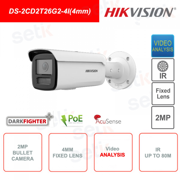 Caméra IP PoE 2MP darkFighter Bullet Acusense Series - 2MP - objectif 4mm - IR 80m - Analyse vidéo