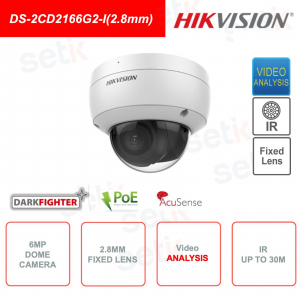 Telecamera Dome IP PoE Dome - DarkFighter 6MP - Ottica 2.8mm - Video Analisi - IR 30m