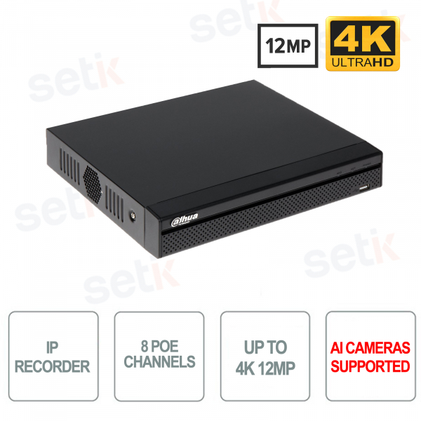 NVR Dahua IP Profesional 8 Canales PoE AI 12MP 4K Audio 1HDD VGA USB HDMI