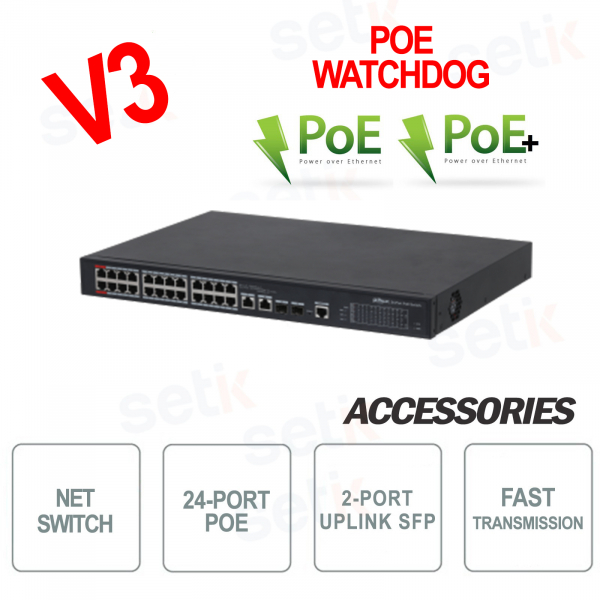 Industrial PoE Switch 24 Ports + 2 RJ-45 + 2 Uplink Ports - Dahua V3 Version