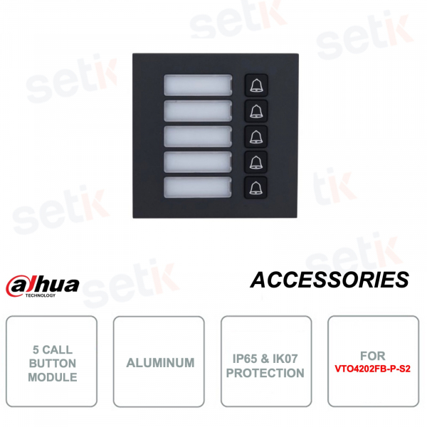 Modulo di espansione con 5 tasti meccanici - Per VTO4202FB-P - Protezione IP65 e IK07 - In alluminio