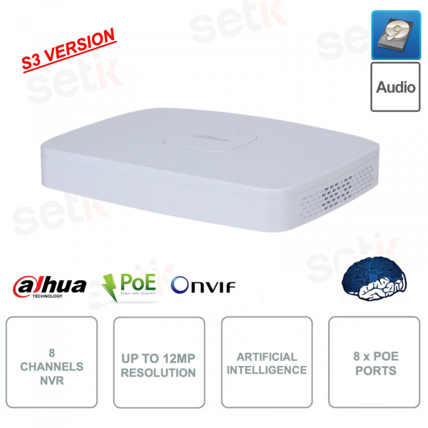 8-channel ONVIF® PoE IP NVR - 8 PoE ports - Up to 12MP - Artificial intelligence - S3 version