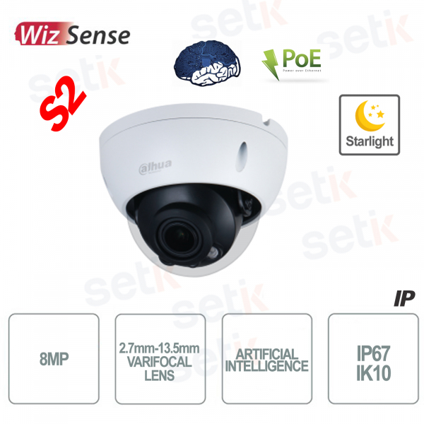 Caméra IP AI ONVIF® PoE 8MP Optique Varifocale Starlight Intelligence Artificielle - S2