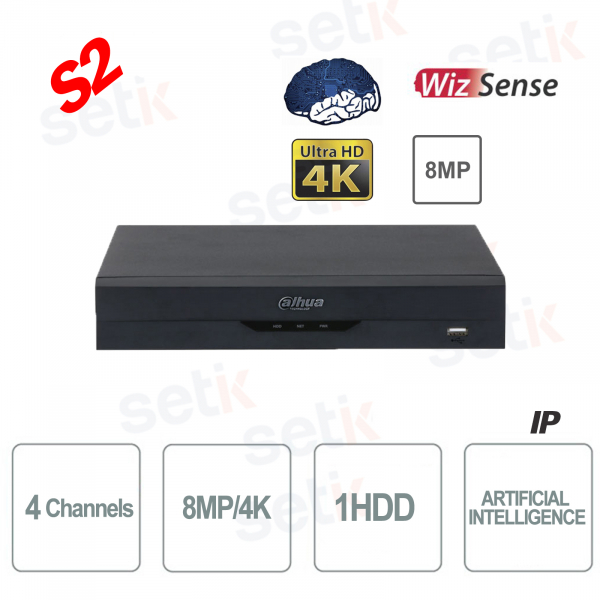 NVR WizSense 4 Channels H.265 4K Ultra HD - Artificial Intelligence - Up to 8 MP 4K - S2 - Dahua