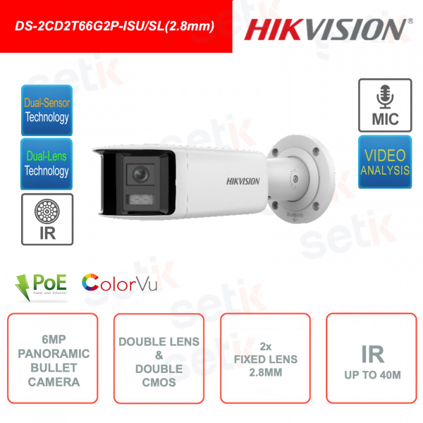 Telecamera Panoramica Bullet IP PoE da 6MP - Doppia ottica 2.8mm e doppio sensore CMOS - IR 40m - Video Analisi