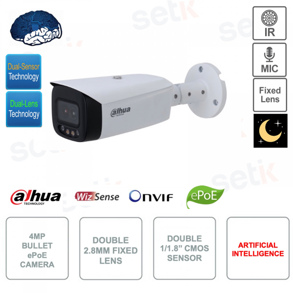 Telecamera Bullet IP ePoE ONVIF® - 4MP - Doppia ottica 2.8mm - Doppio CMOS - IR 50m - Intelligenza artificiale