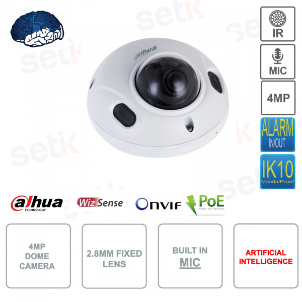 Telecamera Dome IP PoE ONVIF® - 4MP - Ottica 2.8mm fissa - Intelligenza artificiale - Audio - Allarme